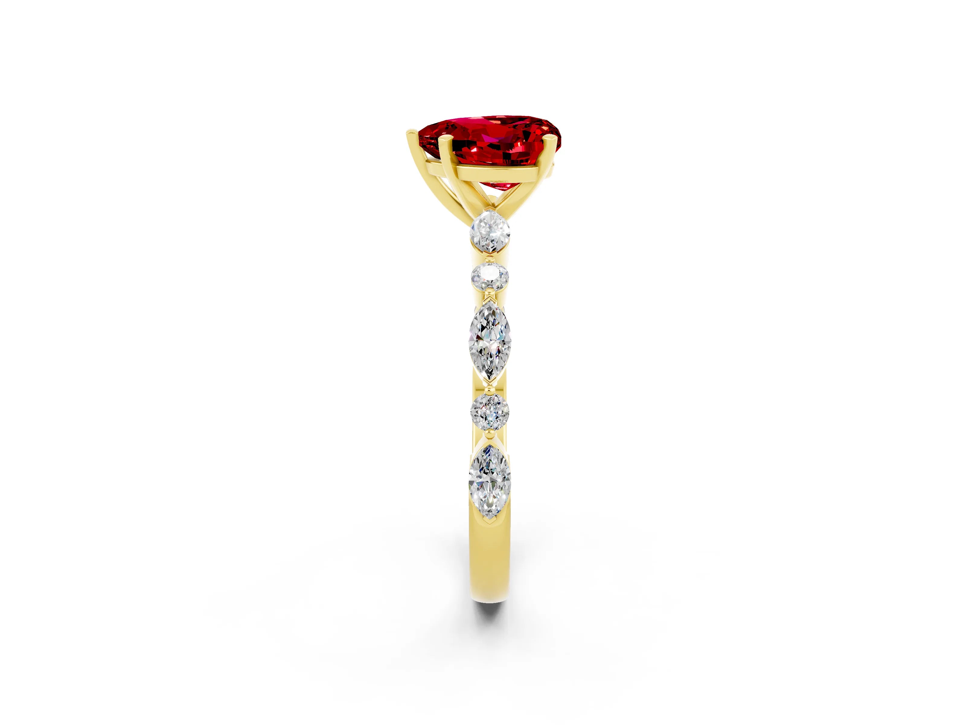 Yellow gold Heart Cut Ruby Solitaire with Side Stones on a Pavé Band and Four-Prong Setting_2