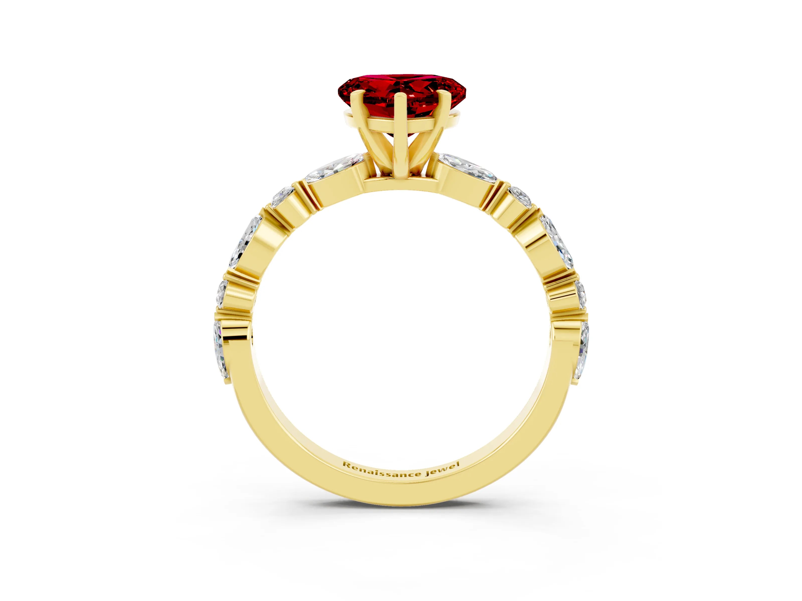 Yellow gold Heart Cut Ruby Solitaire with Side Stones on a Pavé Band and Four-Prong Setting_3