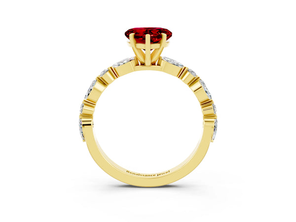 Yellow gold Heart Cut Ruby Ring with Marquise and Round  Side Stones and Four-Prong Setting