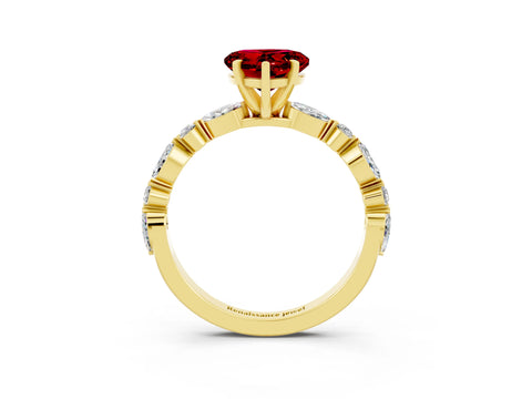 Yellow gold Heart Cut Ruby Solitaire with Side Stones on a Pavé Band and Four-Prong Setting_3