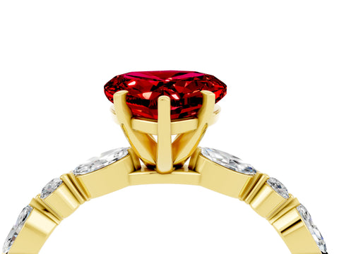Yellow gold Heart Cut Ruby Solitaire with Side Stones on a Pavé Band and Four-Prong Setting_4