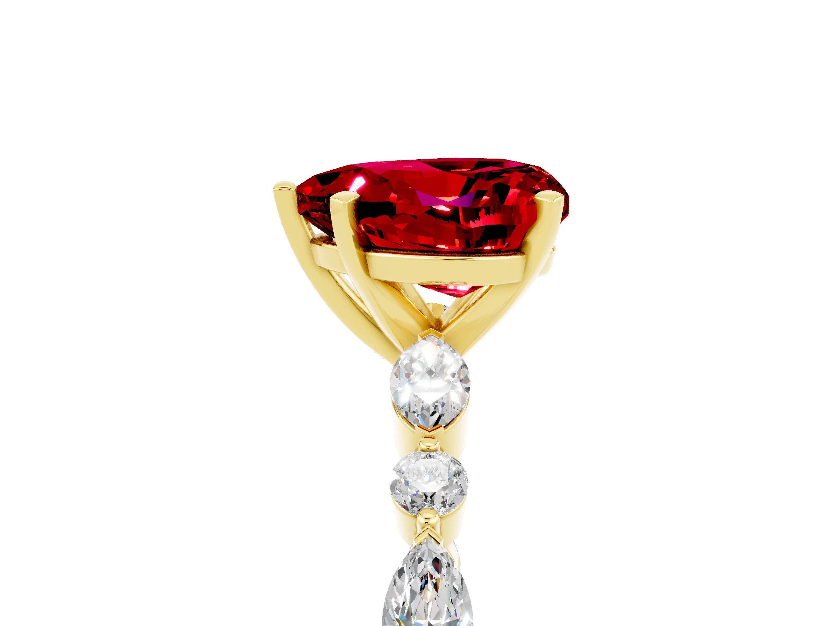 Yellow gold Heart Cut Ruby Solitaire with Side Stones on a Pavé Band and Four-Prong Setting_5
