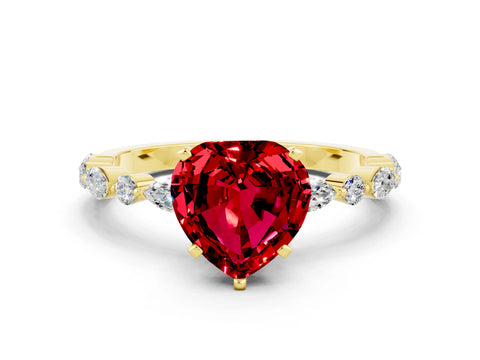 Yellow gold Heart Cut Ruby Solitaire with Side Stones on a Pavé Band and Four-Prong Setting