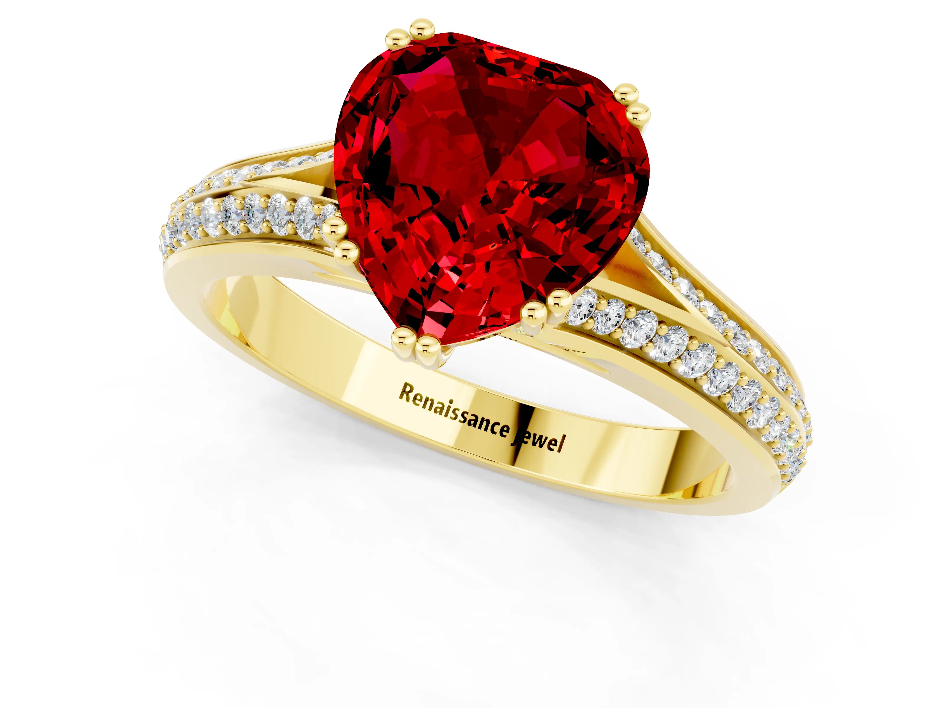 Yellow gold Heart Cut Ruby Split Shank Engagement Ring with Pavé Band_1