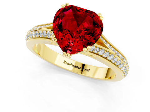 Yellow gold Heart Cut Ruby Split Shank Engagement Ring with Pavé Band_1