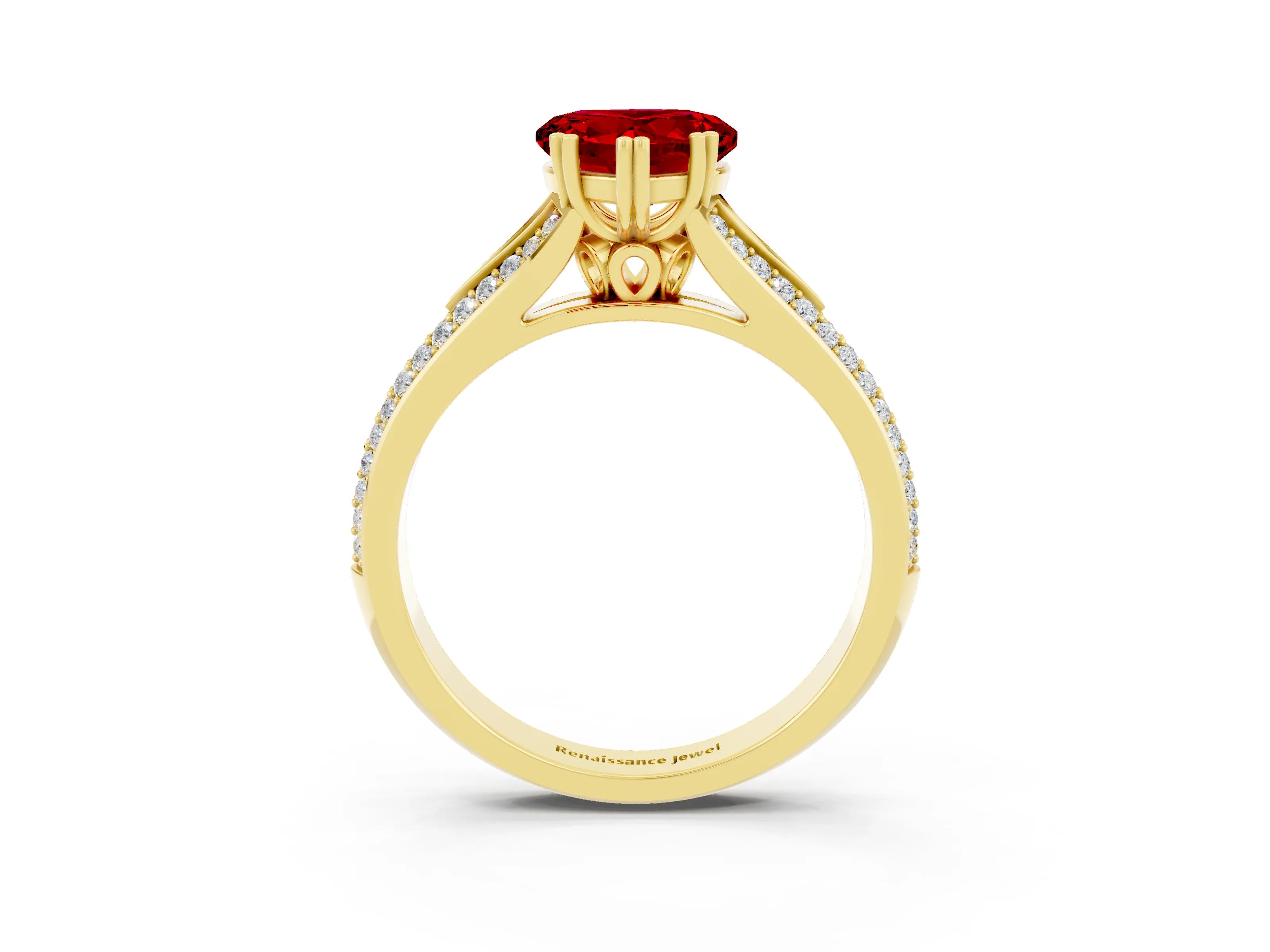 Yellow gold Heart Cut Ruby Split Shank Engagement Ring with Pavé Band_3