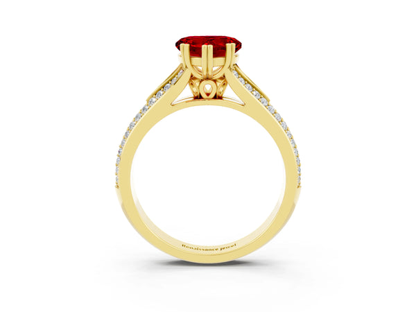 Yellow gold Heart Cut Ruby Split Shank Engagement Ring with Pavé Band