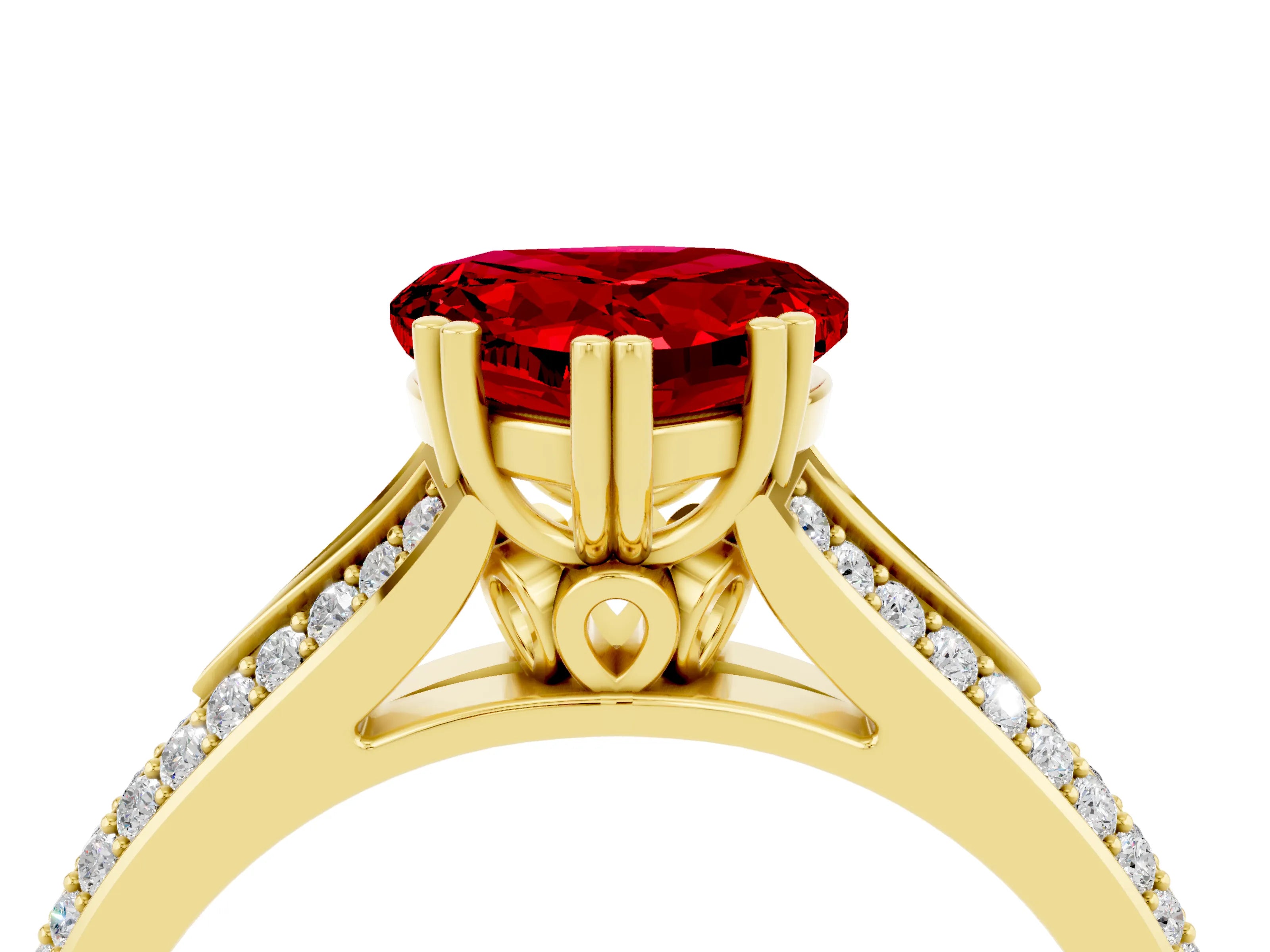 Yellow gold Heart Cut Ruby Split Shank Engagement Ring with Pavé Band_4