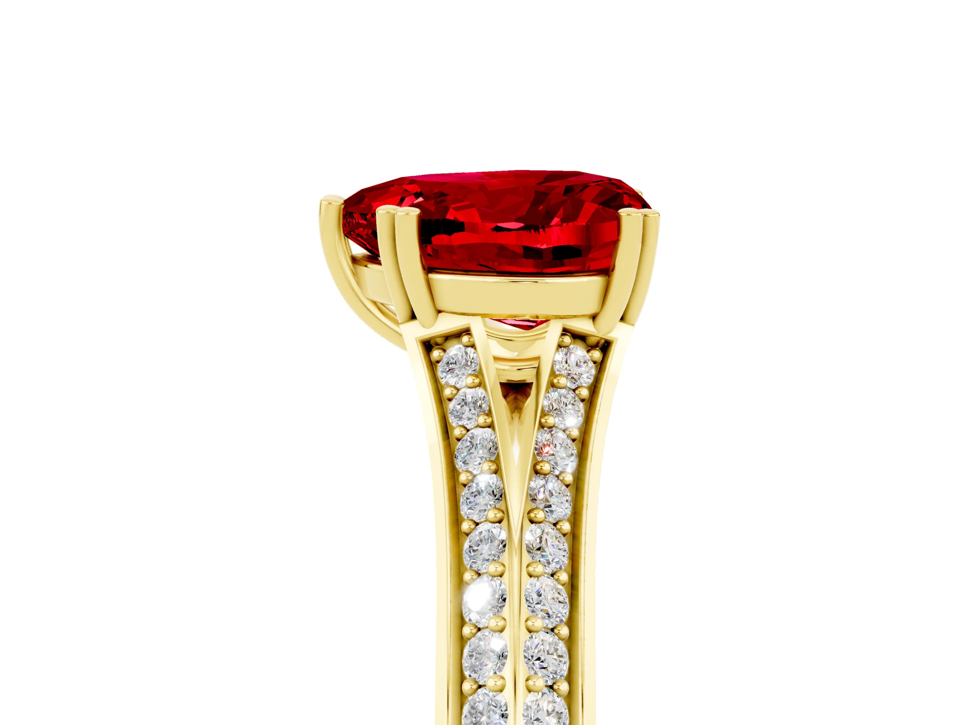 Yellow gold Heart Cut Ruby Split Shank Engagement Ring with Pavé Band_5