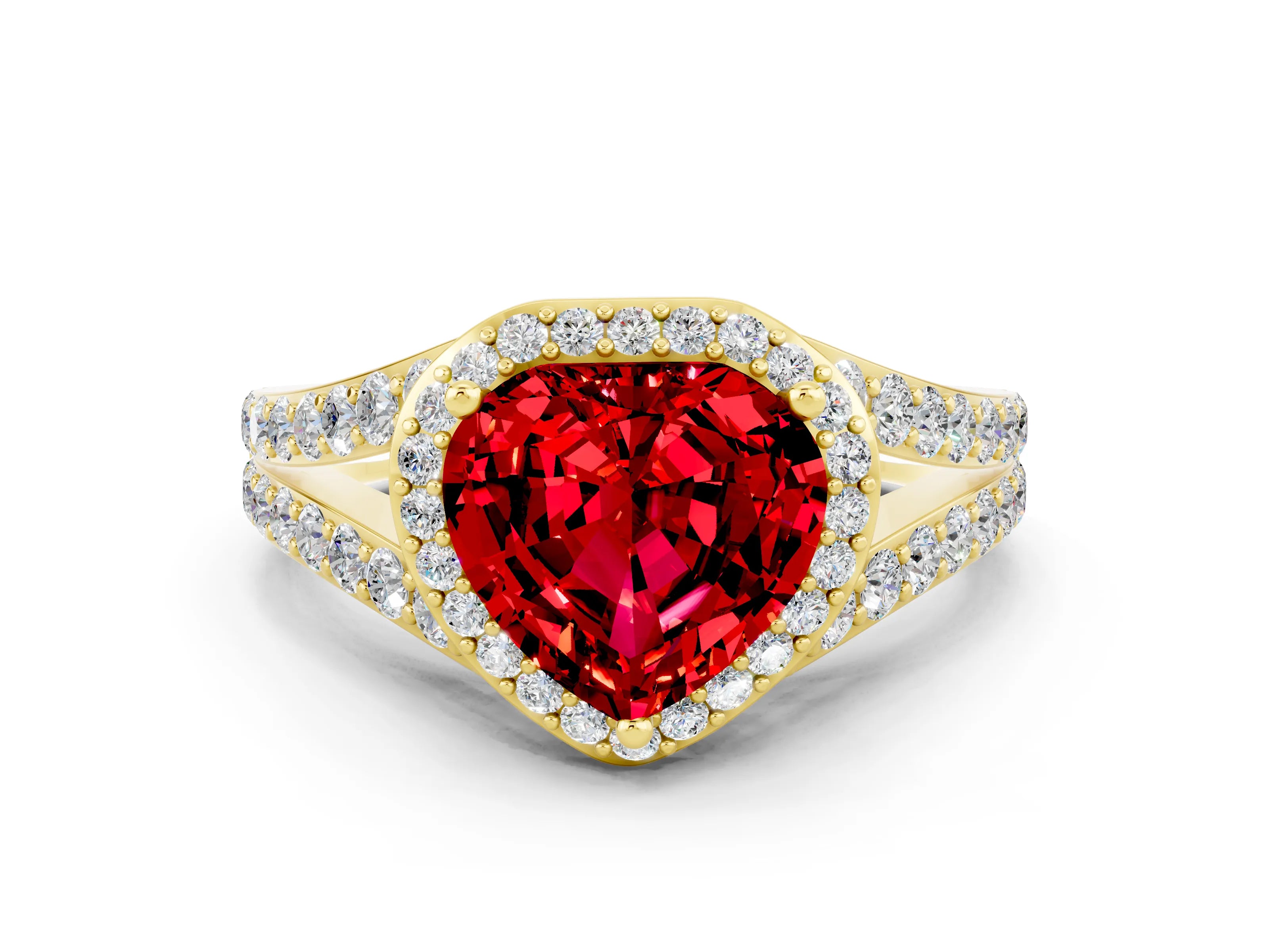 Yellow gold Heart Cut Ruby Split Shank Halo Ring with Four-Prong Setting_12