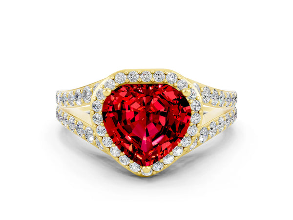 Yellow gold Heart Cut Ruby Split Shank Halo Ring with Four-Prong Setting