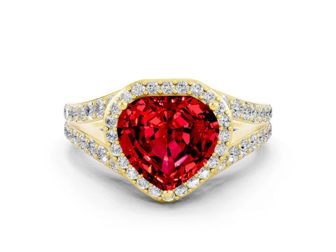 Yellow gold Heart Cut Ruby Split Shank Halo Ring with Four-Prong Setting_12