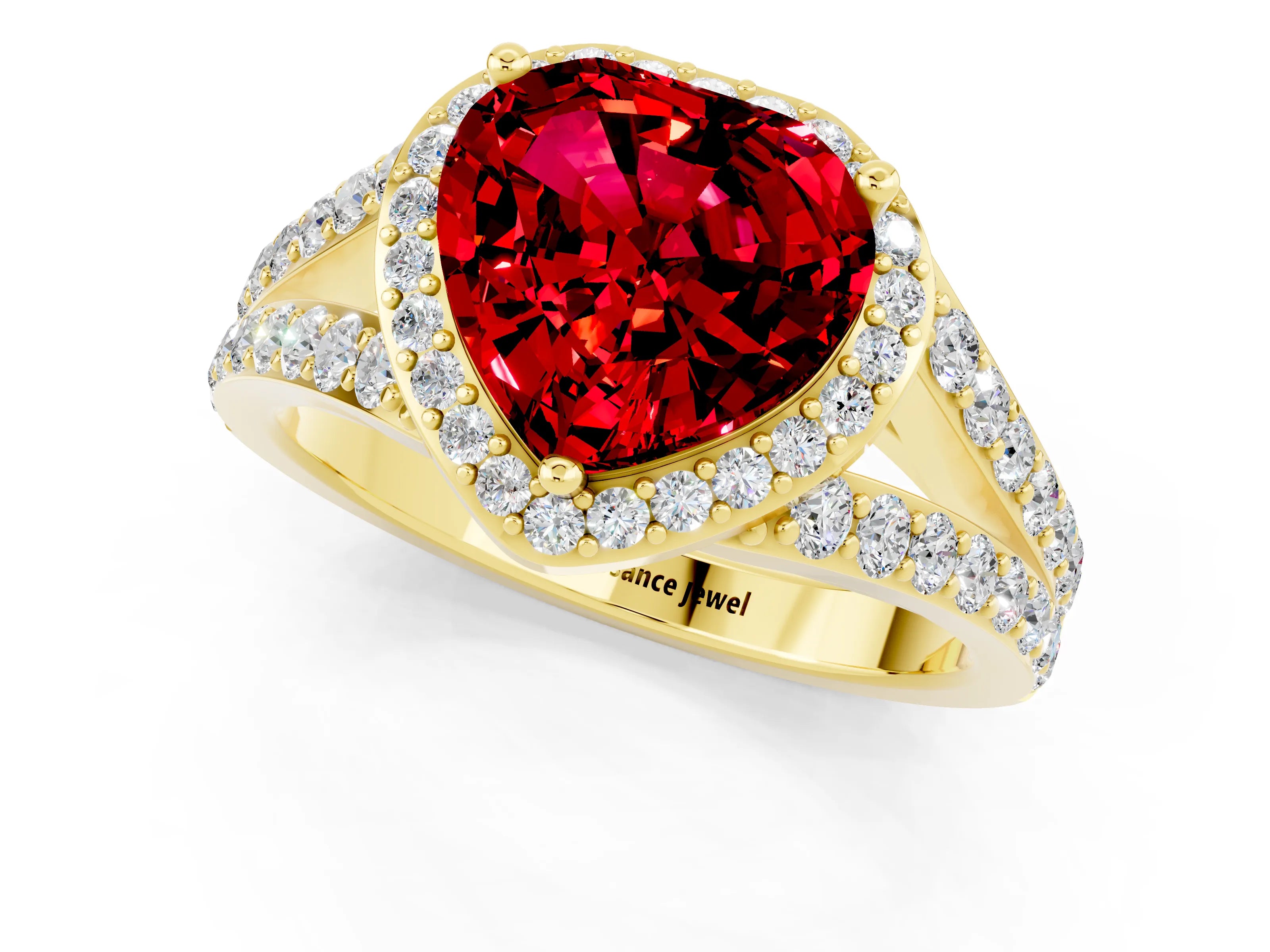 Yellow gold Heart Cut Ruby Split Shank Halo Ring with Four-Prong Setting_13
