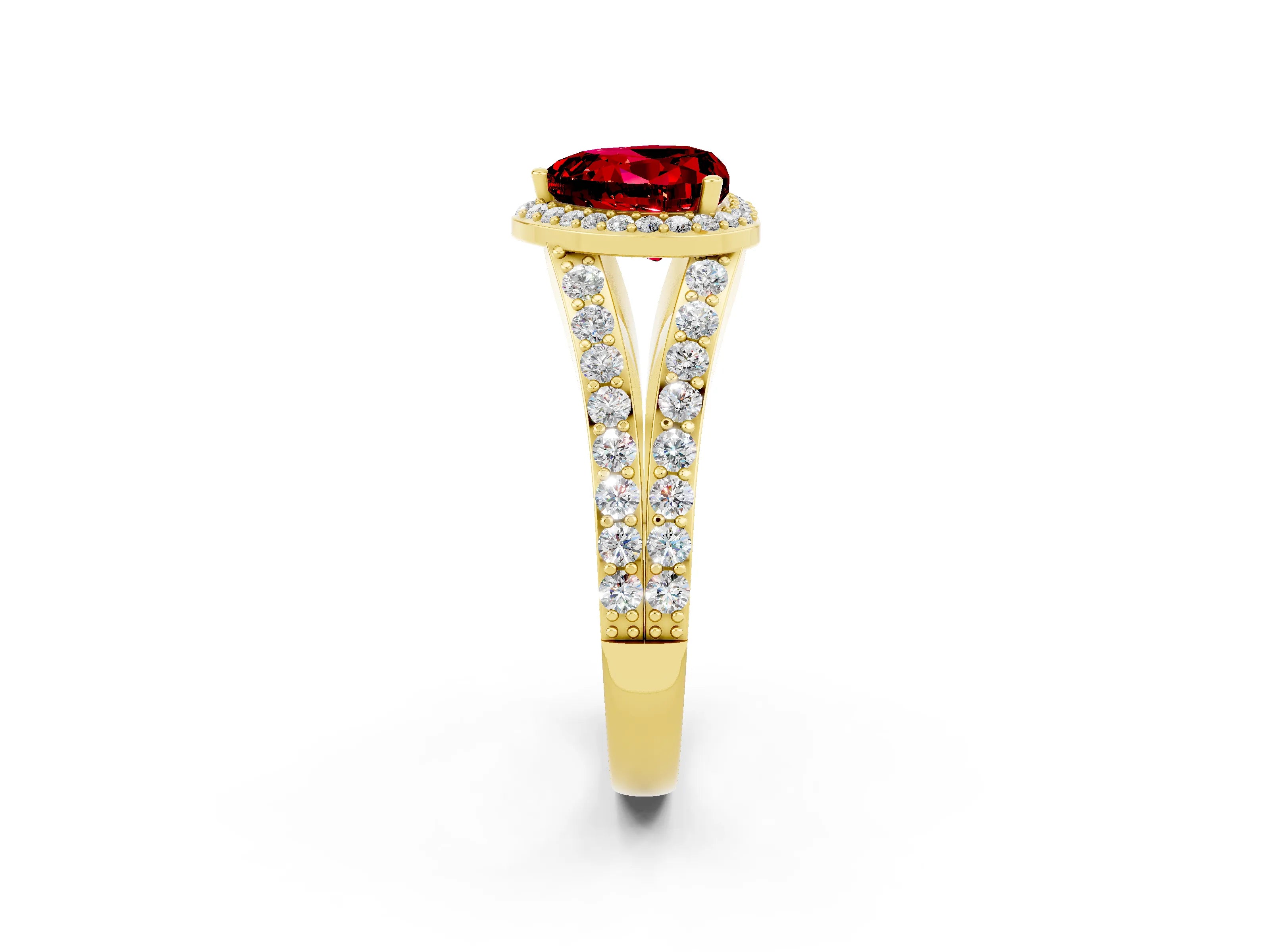 Yellow gold Heart Cut Ruby Split Shank Halo Ring with Four-Prong Setting_14