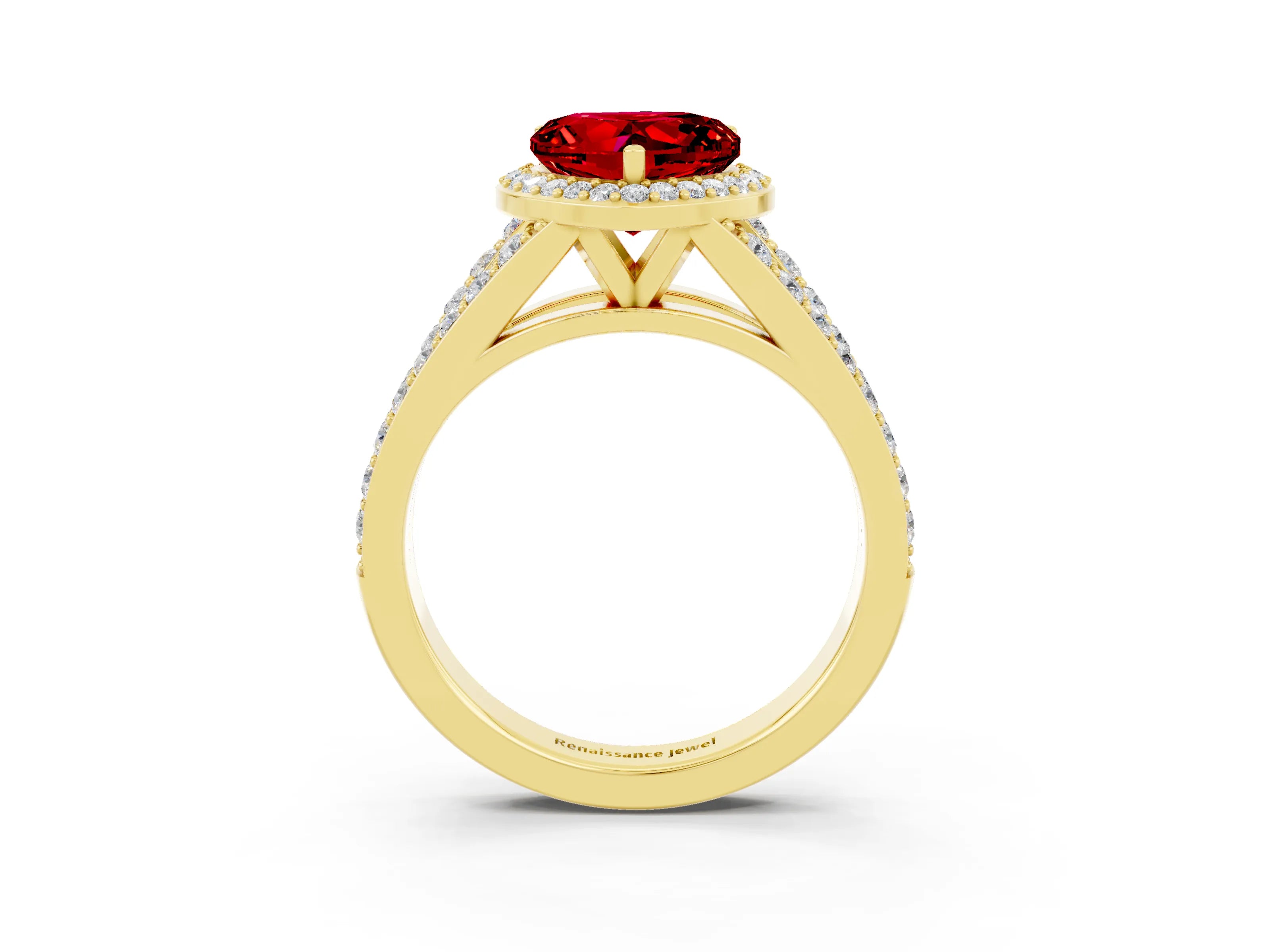 Yellow gold Heart Cut Ruby Split Shank Halo Ring with Four-Prong Setting_15