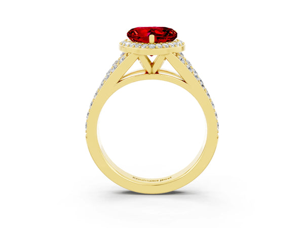 Yellow gold Heart Cut Ruby Split Shank Halo Ring with Four-Prong Setting