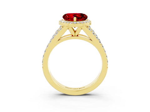 Yellow gold Heart Cut Ruby Split Shank Halo Ring with Four-Prong Setting_15
