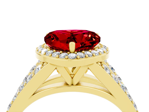 Yellow gold Heart Cut Ruby Split Shank Halo Ring with Four-Prong Setting_16