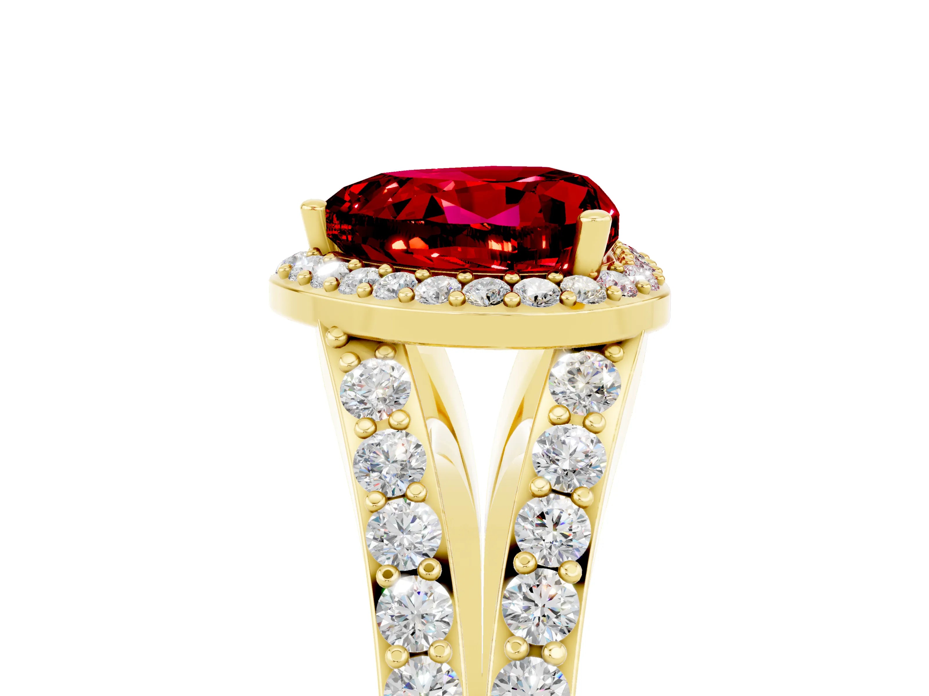 Yellow gold Heart Cut Ruby Split Shank Halo Ring with Four-Prong Setting_17