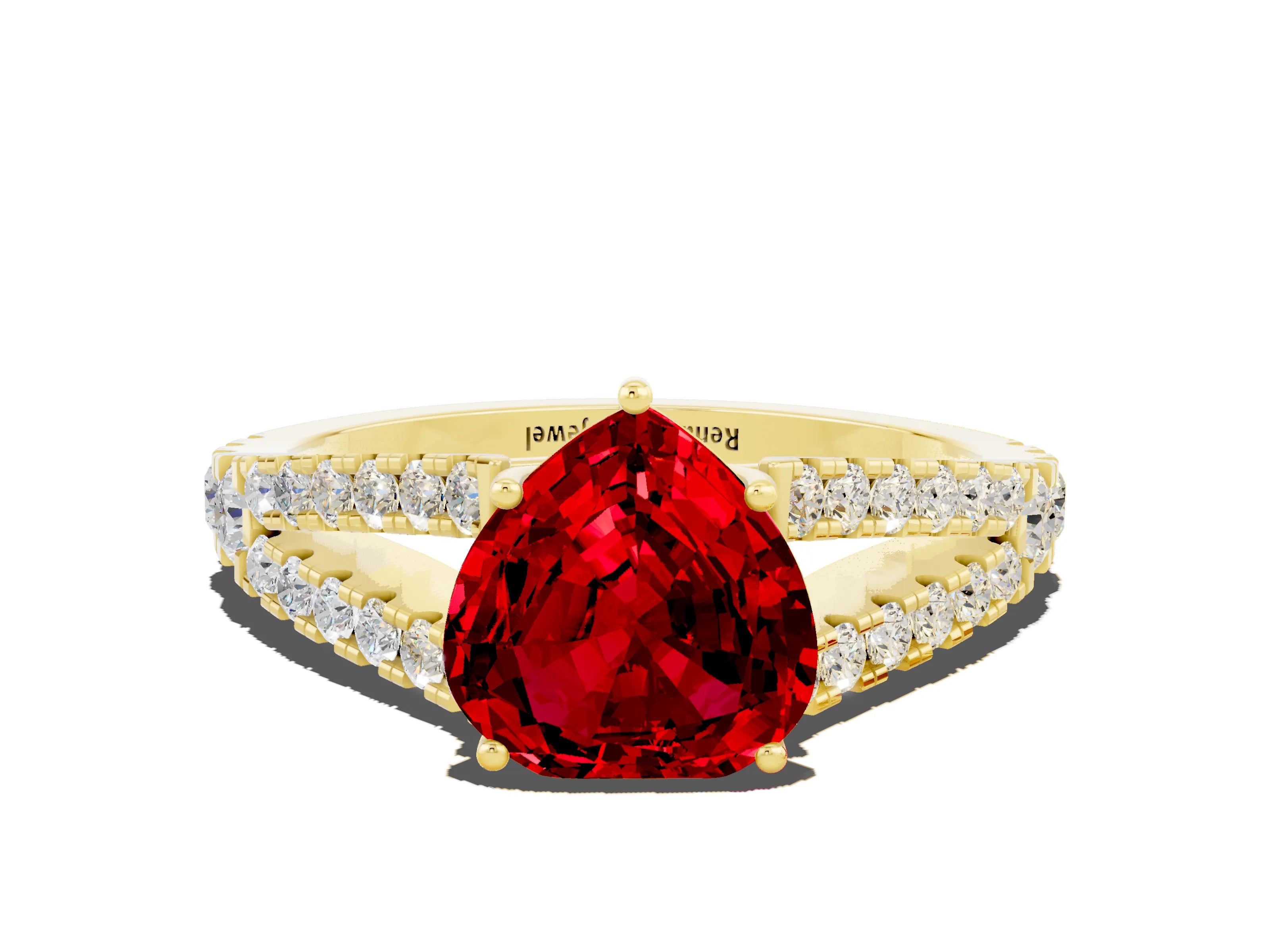 Yellow gold Heart Cut Ruby Split Shank Pavé Engagement Ring with Four-Prong Setting_12