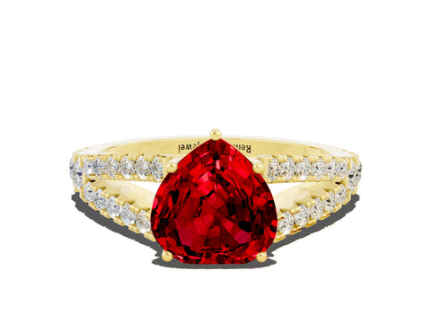 Yellow gold Heart Cut Ruby Split Shank Pavé Engagement Ring with Four-Prong Setting_12