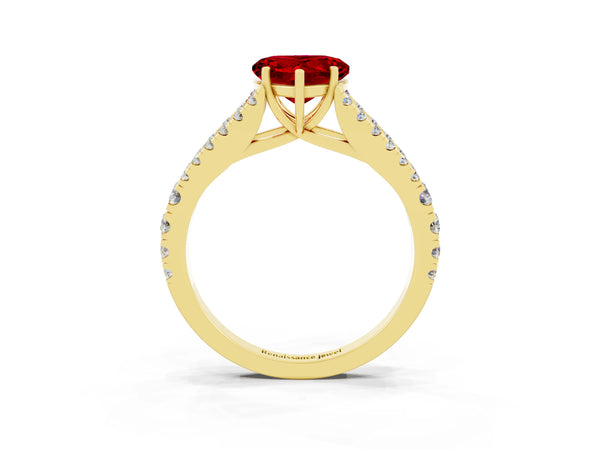Yellow gold Heart Cut Ruby Split Shank Pavé Engagement Ring with Four-Prong Setting