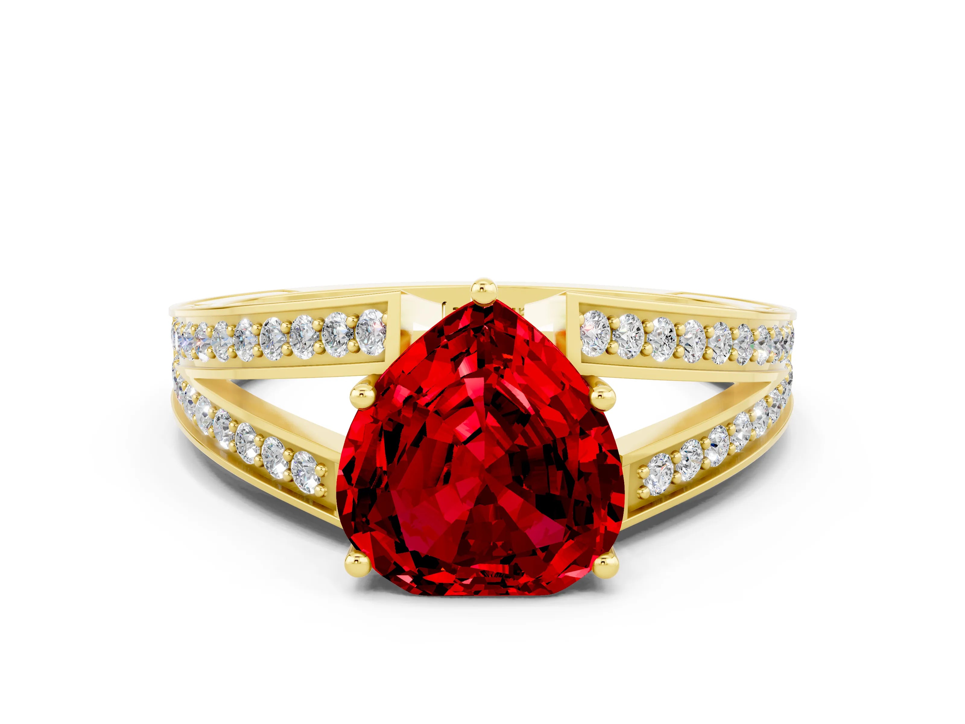 Yellow gold Heart Cut Ruby Split Shank Ring with Pavé Band and Four-Prong Setting