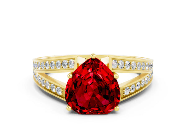 Yellow gold Heart Cut Ruby Split Shank Ring with Pavé Band and Four-Prong Setting