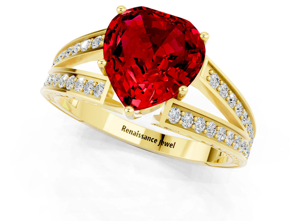 Yellow gold Heart Cut Ruby Split Shank Ring with Pavé Band and Four-Prong Setting