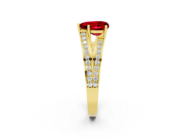 Yellow gold Heart Cut Ruby Split Shank Ring with Pavé Band and Four-Prong Setting