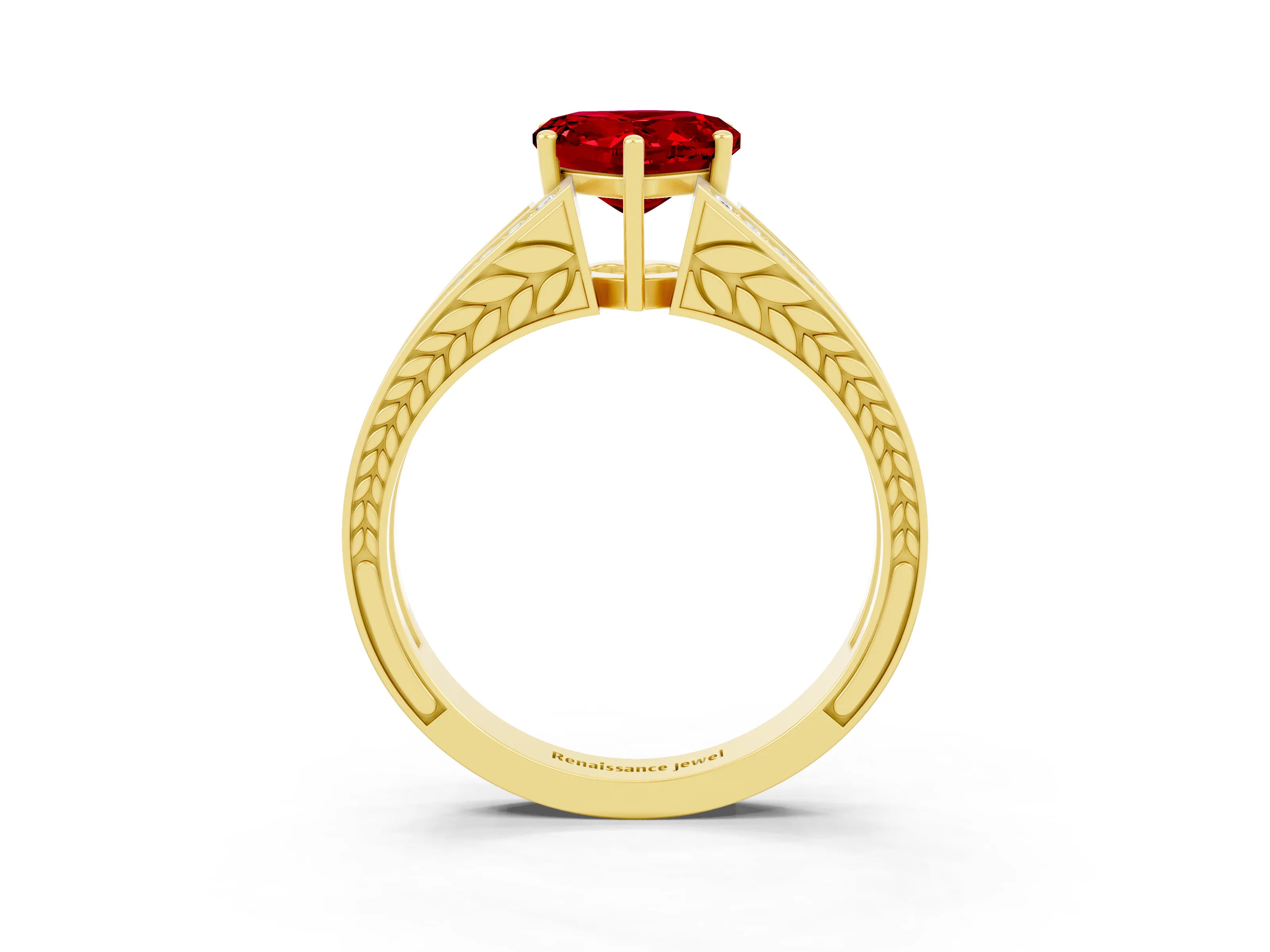Yellow gold Heart Cut Ruby Split Shank Ring with Pavé Band and Four-Prong Setting_3