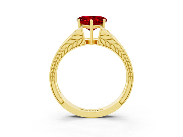 Yellow gold Heart Cut Ruby Split Shank Ring with Pavé Band and Four-Prong Setting