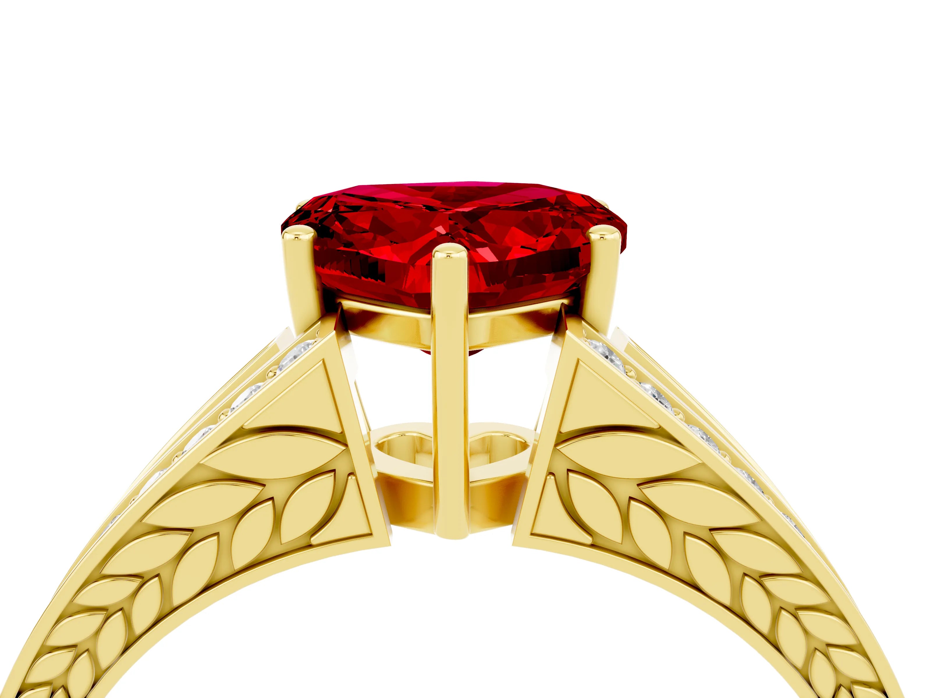 Yellow gold Heart Cut Ruby Split Shank Ring with Pavé Band and Four-Prong Setting_4