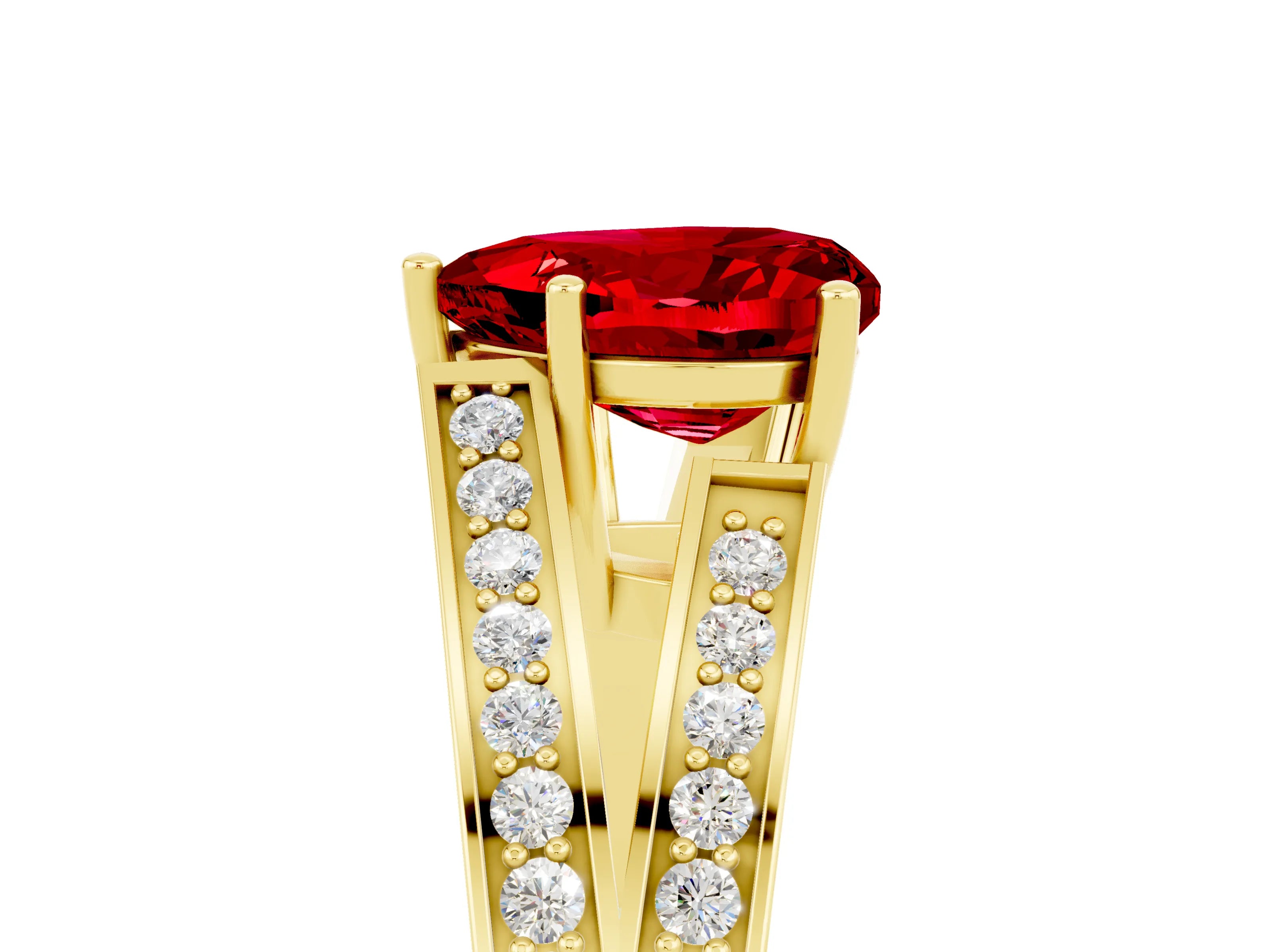 Yellow gold Heart Cut Ruby Split Shank Ring with Pavé Band and Four-Prong Setting_5