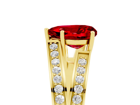Yellow gold Heart Cut Ruby Split Shank Ring with Pavé Band and Four-Prong Setting_5