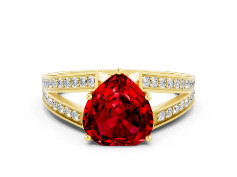 Yellow gold Heart Cut Ruby Split Shank Ring with Pavé Band and Four-Prong Setting