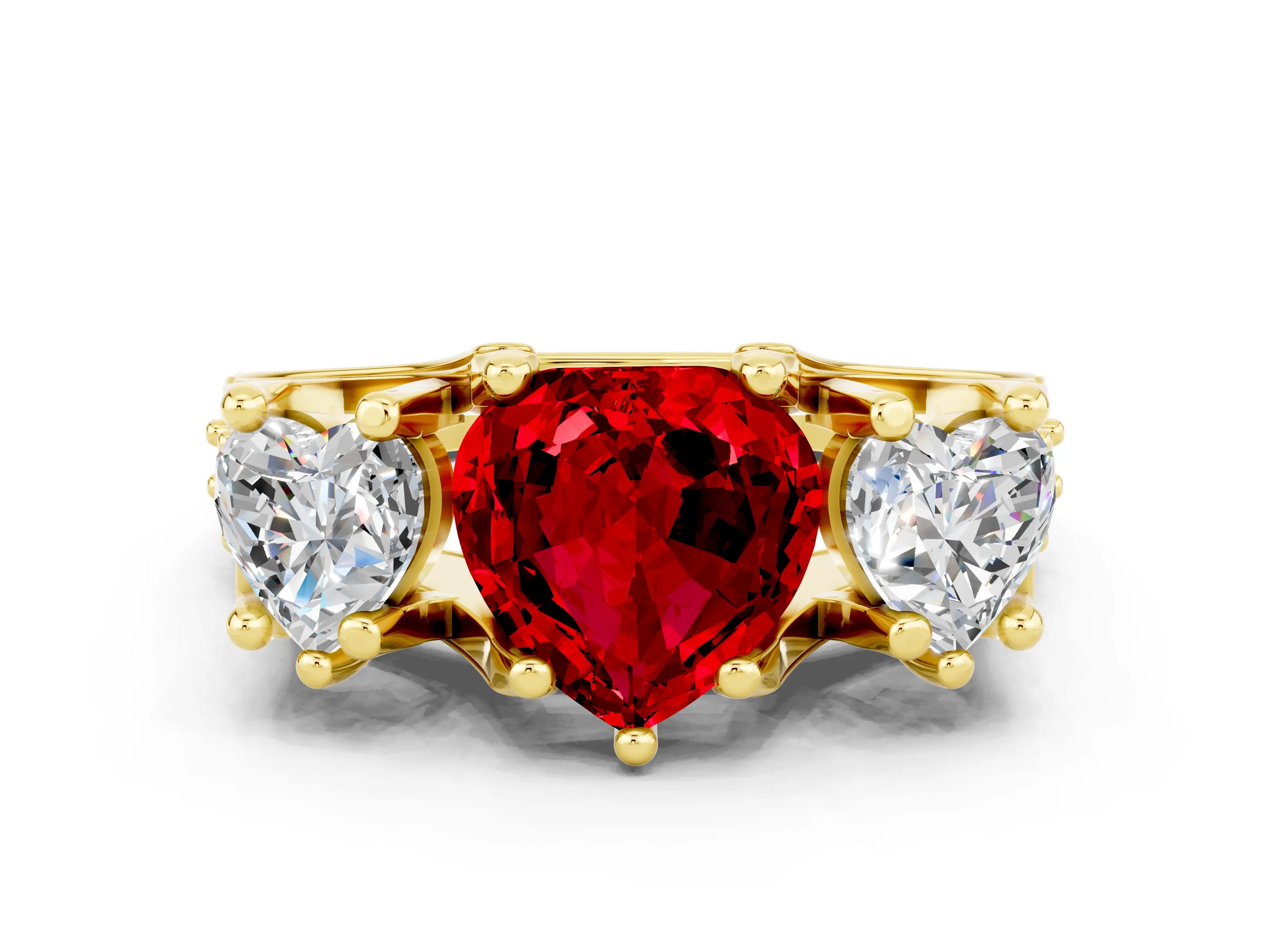 Yellow gold Heart Cut Ruby Three-Stone Ring with Channel Set Band and Four-Prong Setting
