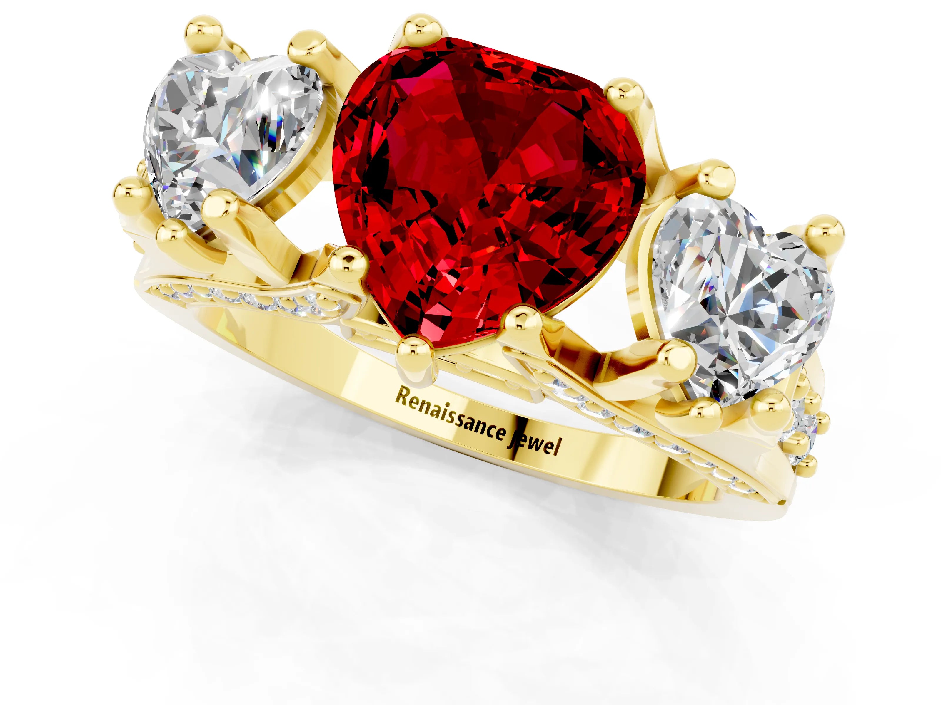Yellow gold Heart Cut Ruby Three-Stone Ring with Channel Set Band and Four-Prong Setting_1