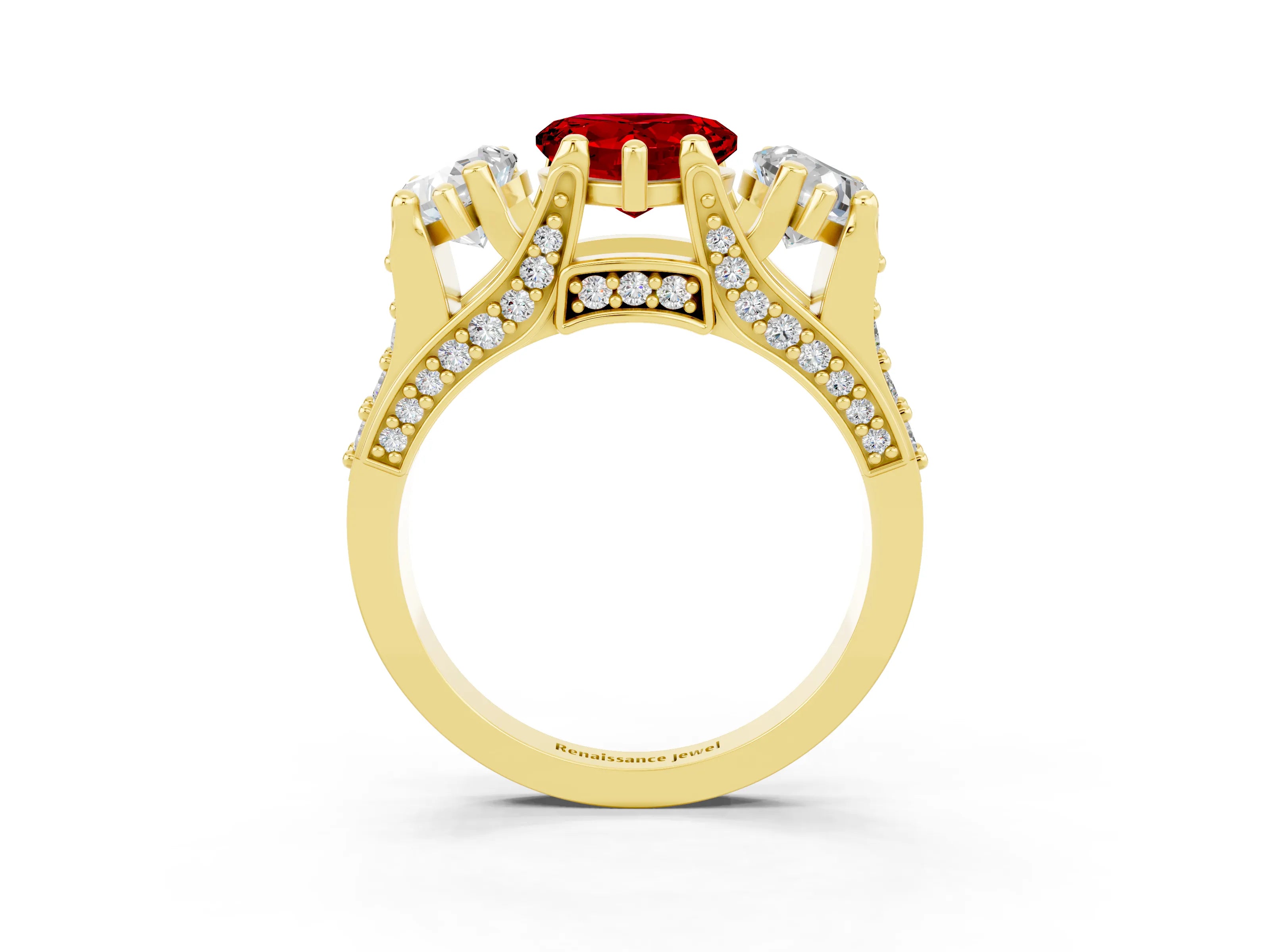 Yellow gold Heart Cut Ruby Three-Stone Ring with Channel Set Band and Four-Prong Setting_3