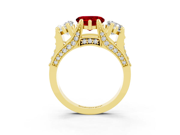 Yellow gold Heart Cut Ruby Three-Stone Ring with Channel Set Band and Four-Prong Setting