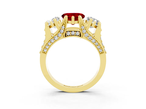 Yellow gold Heart Cut Ruby Three-Stone Ring with Channel Set Band and Four-Prong Setting_3