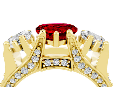 Yellow gold Heart Cut Ruby Three-Stone Ring with Channel Set Band and Four-Prong Setting_4