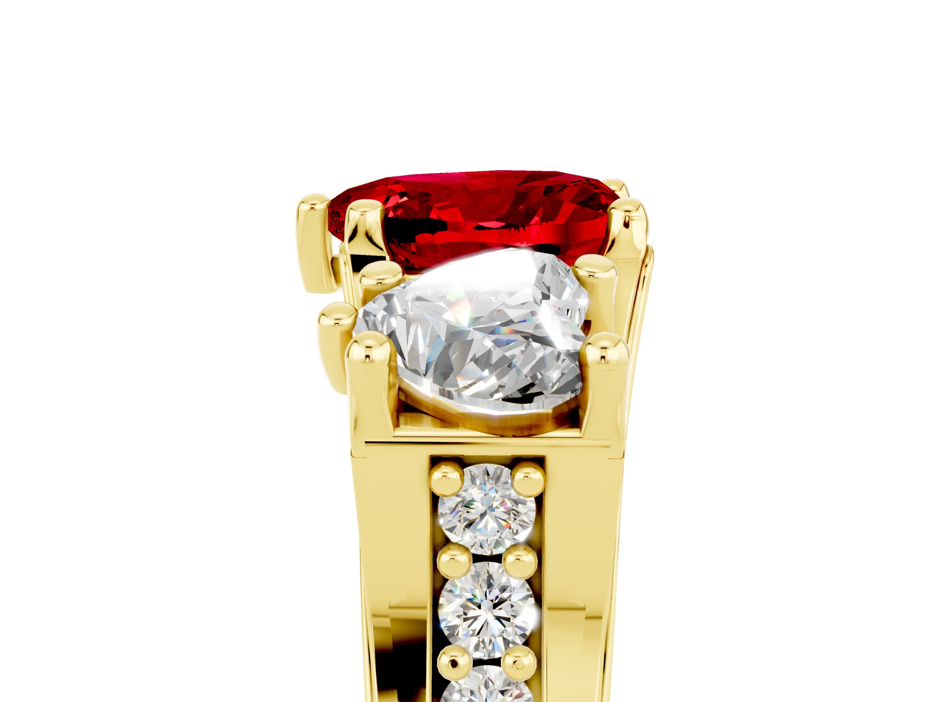 Yellow gold Heart Cut Ruby Three-Stone Ring with Channel Set Band and Four-Prong Setting_5