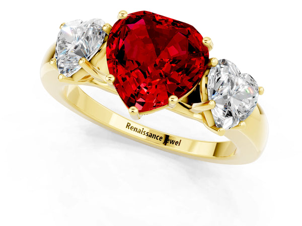 Yellow gold Heart Cut Ruby Three-Stone Ring with Four-Prong Setting and Classic Band