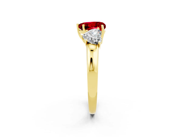 Yellow gold Heart Cut Ruby Three-Stone Ring with Four-Prong Setting and Classic Band