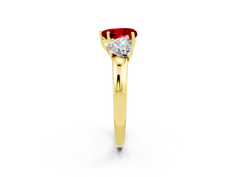 Yellow gold Heart Cut Ruby Three-Stone Ring with Four-Prong Setting and Classic Band_2