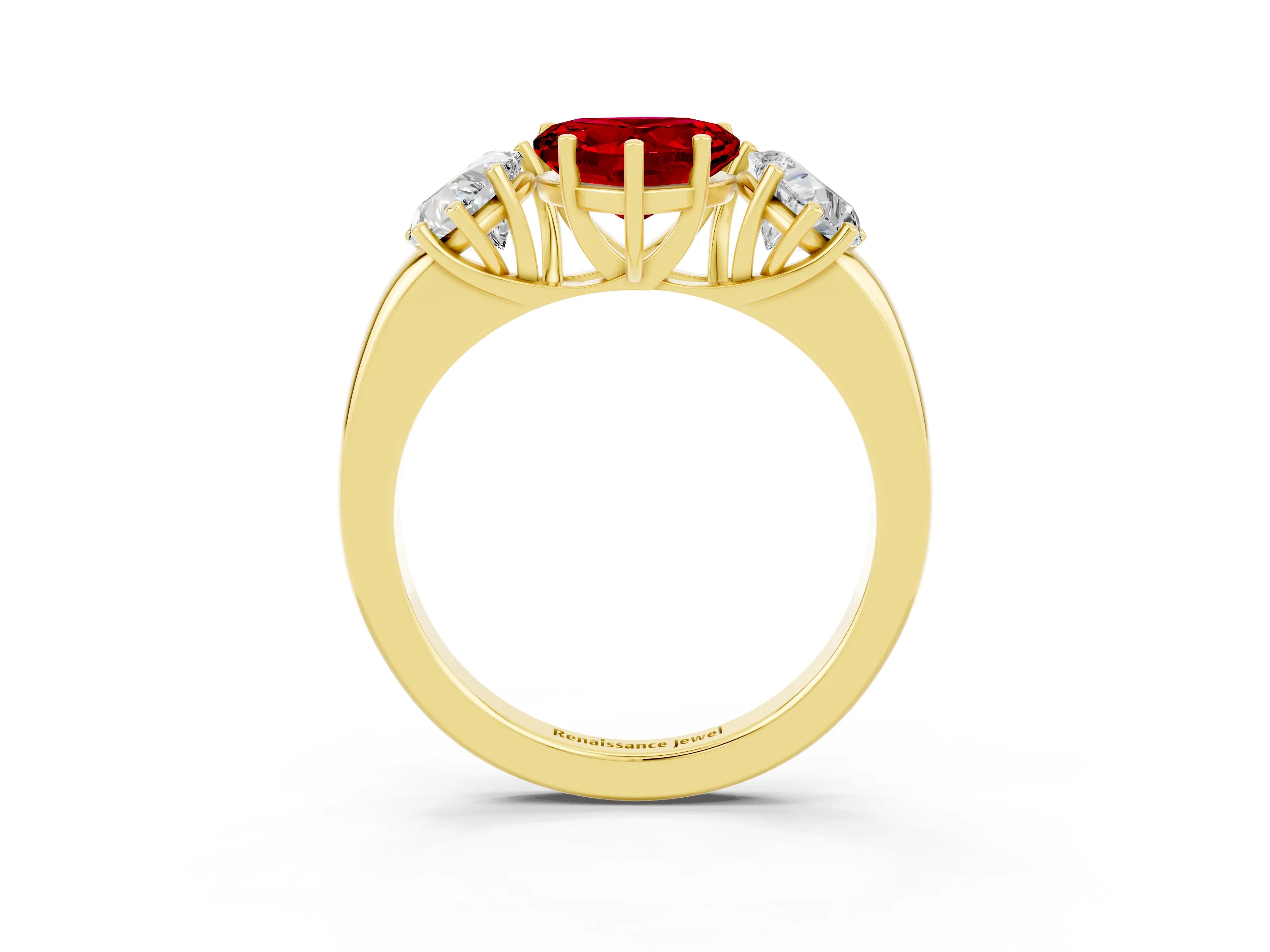 Yellow gold Heart Cut Ruby Three-Stone Ring with Four-Prong Setting and Classic Band_3