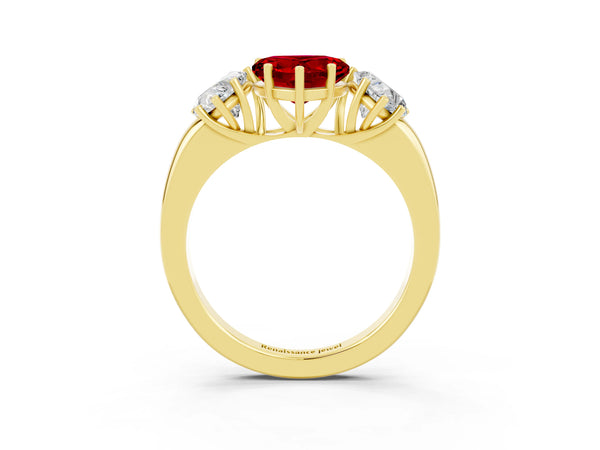 Yellow gold Heart Cut Ruby Three-Stone Ring with Four-Prong Setting and Classic Band