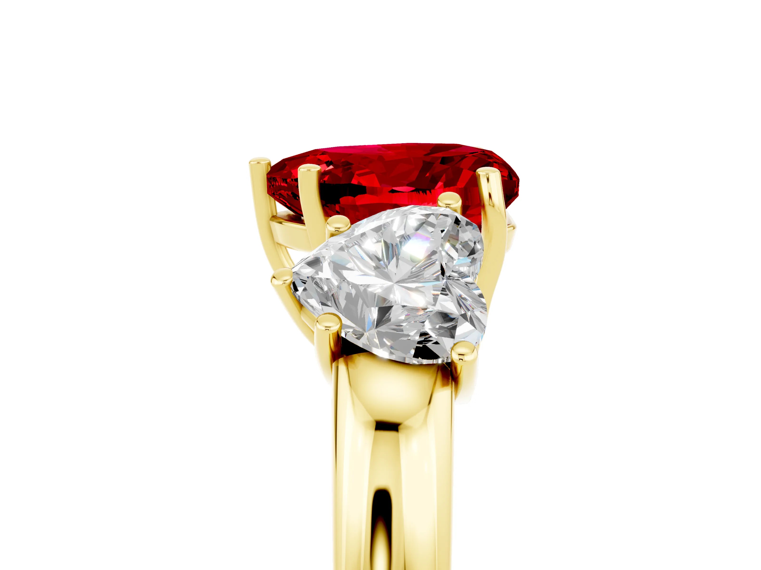 Yellow gold Heart Cut Ruby Three-Stone Ring with Four-Prong Setting and Classic Band_5
