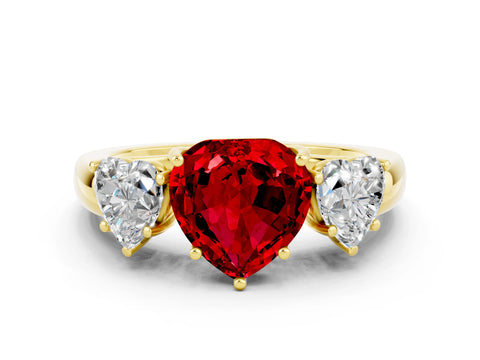 Yellow gold Heart Cut Ruby Three-Stone Ring with Four-Prong Setting and Classic Band